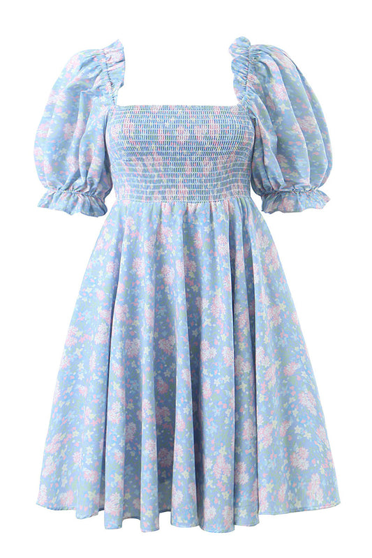Blue Floral Printed A-Line Puff Sleeves Graduation Dress