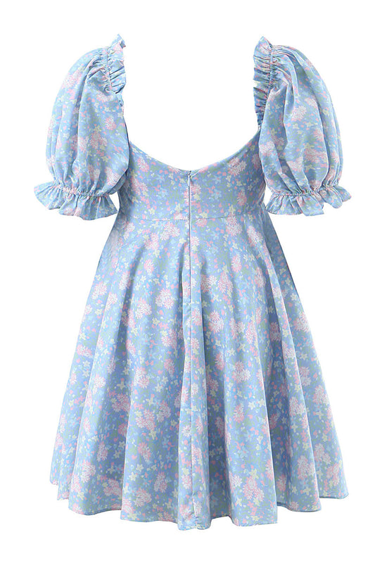 Blue Floral Printed A-Line Puff Sleeves Graduation Dress