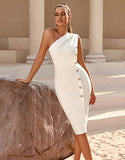 White One Shoulder Knee Length Cocktail Dress With Buttons
