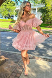 Stylish Off the Shoulder Pink Tulle Corset Homecoming Dress