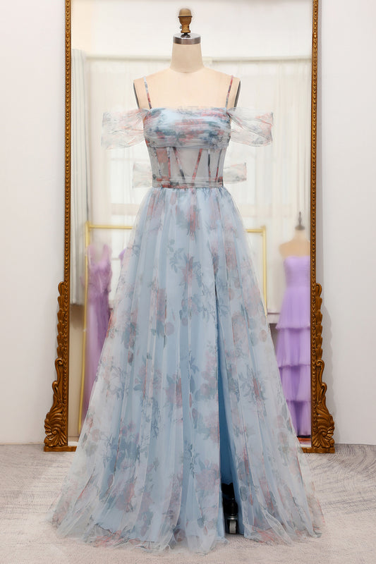 A Line Blue Floral Printed Off The Shoulder Prom Dress