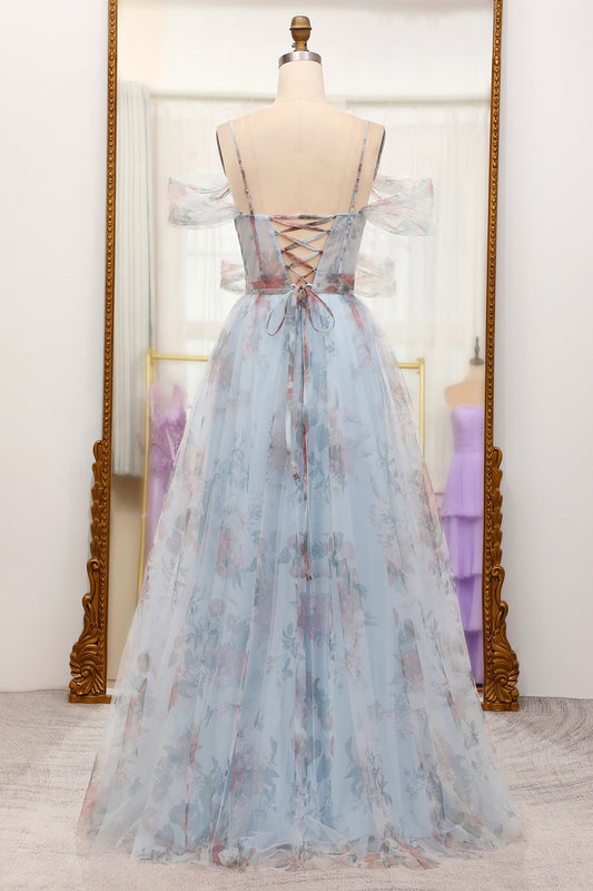 A Line Blue Floral Printed Off The Shoulder Prom Dress