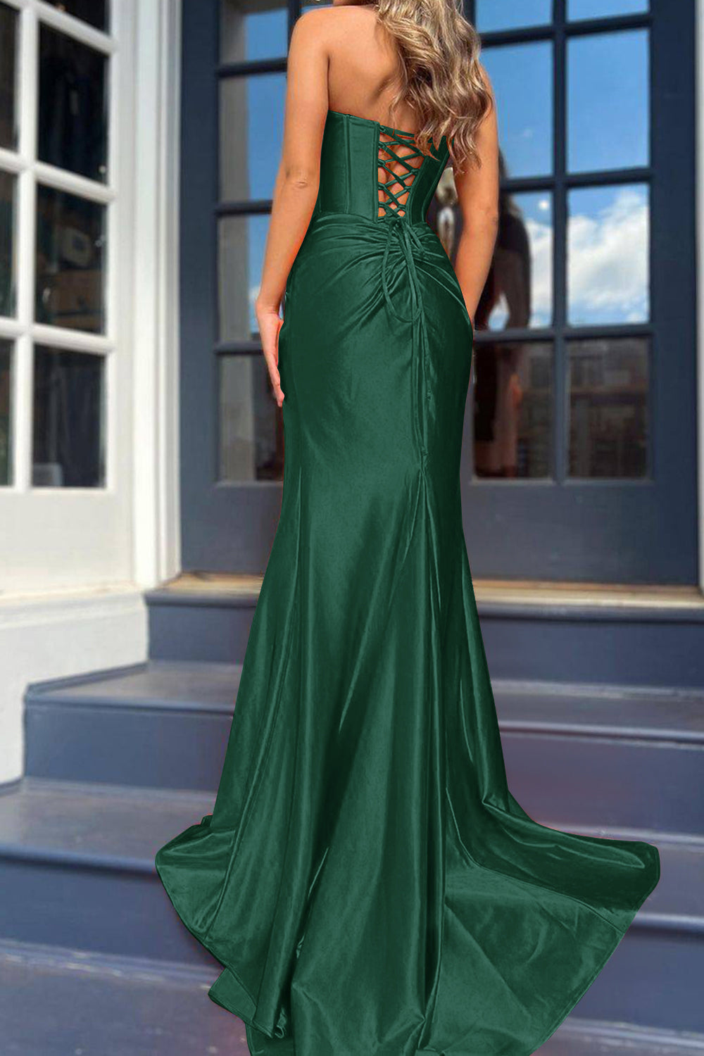 Mermaid Strapless Black Corset Prom Dress with Split Front