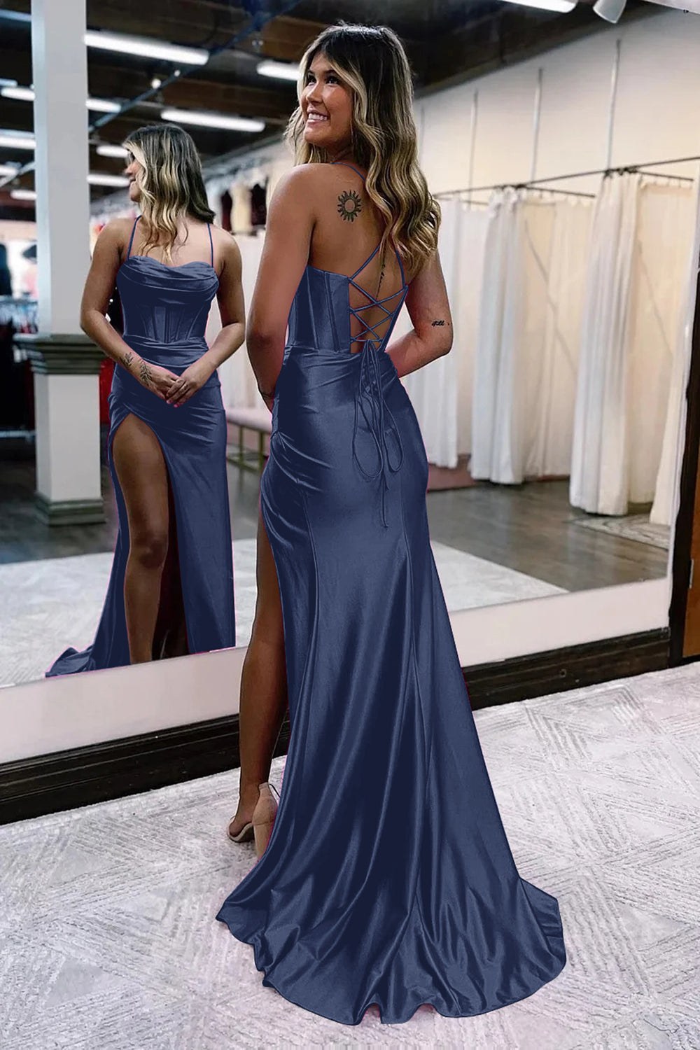 Spaghetti Straps Royal Blue Mermaid Prom Dress With Slit