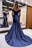 Royal Blue Mermaid Off The Shoulder Court Train Long Dress With Split