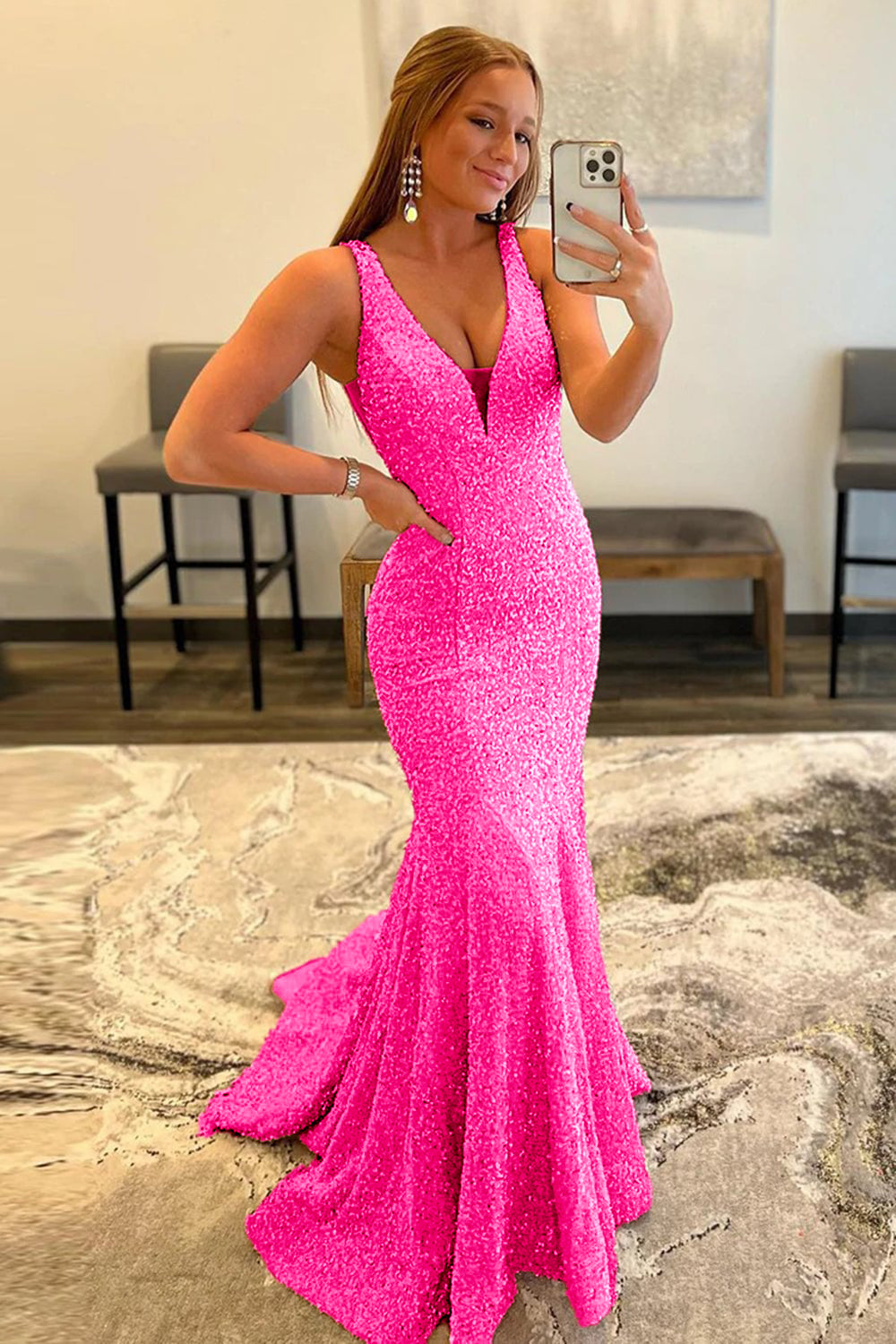 Pink Sequins Sexy Glitter V Neck Mermaid Long Prom Dress