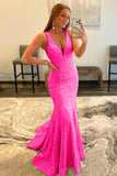 Pink Sequins Sexy Glitter V Neck Mermaid Long Prom Dress