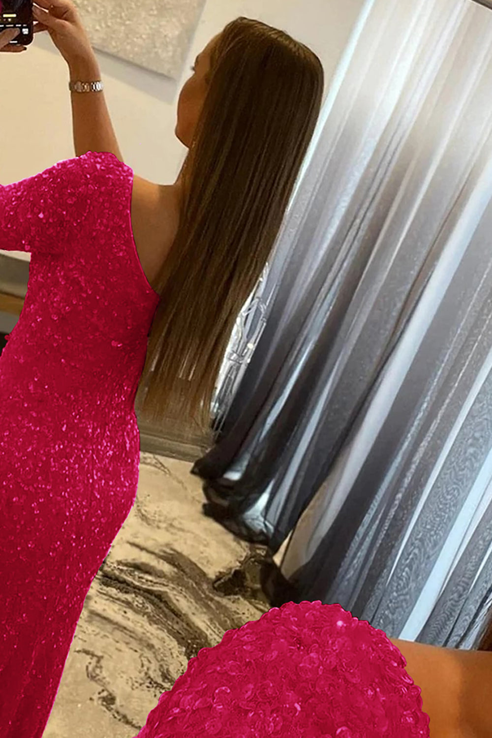 Fuchsia Mermaid Glitter One-Shoulder Single Sleeve Prom Dress With Sequins