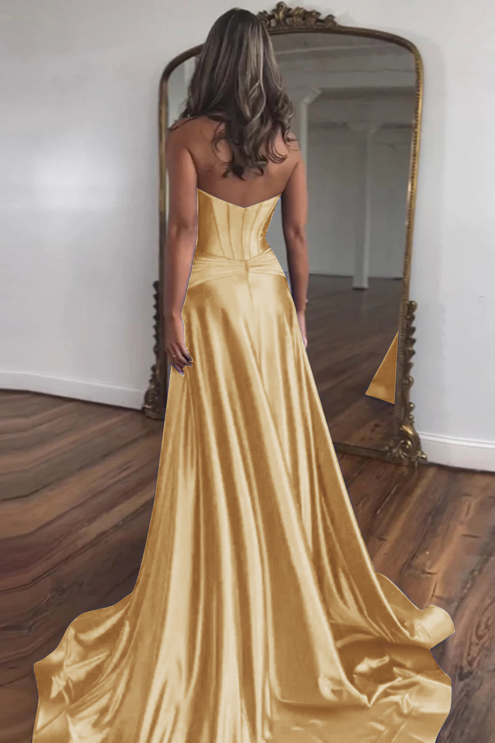 Gold Sweetheart Zipper Back Long Satin Prom Dress With Split