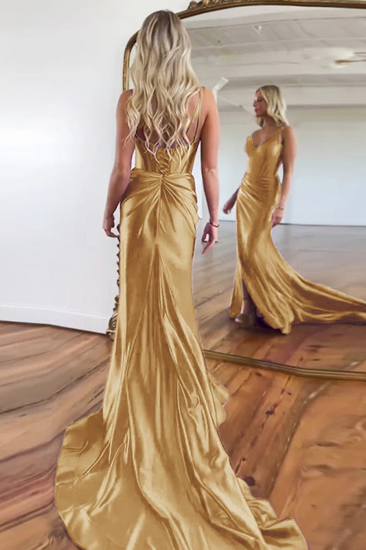 Mermaid Gold V-Neck Long Prom Dress