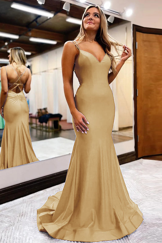 Gold Mermaid Spaghetti Straps Long Prom Dress
