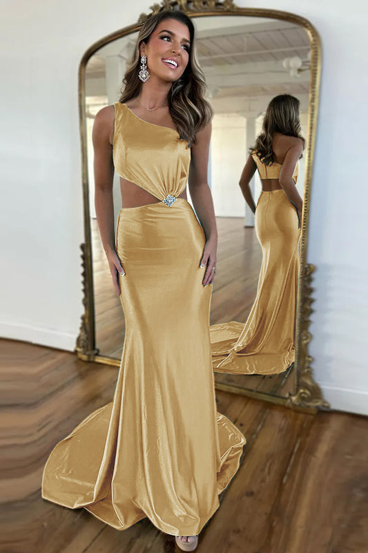 Hollow Out Gold Mermaid One Shoulder Prom Dress