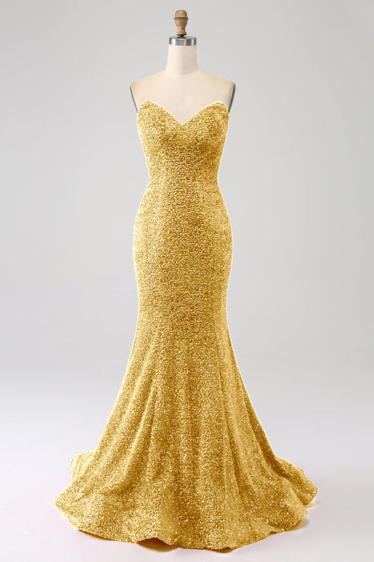 Golden Sequins Mermaid Strapless Long Prom Dress