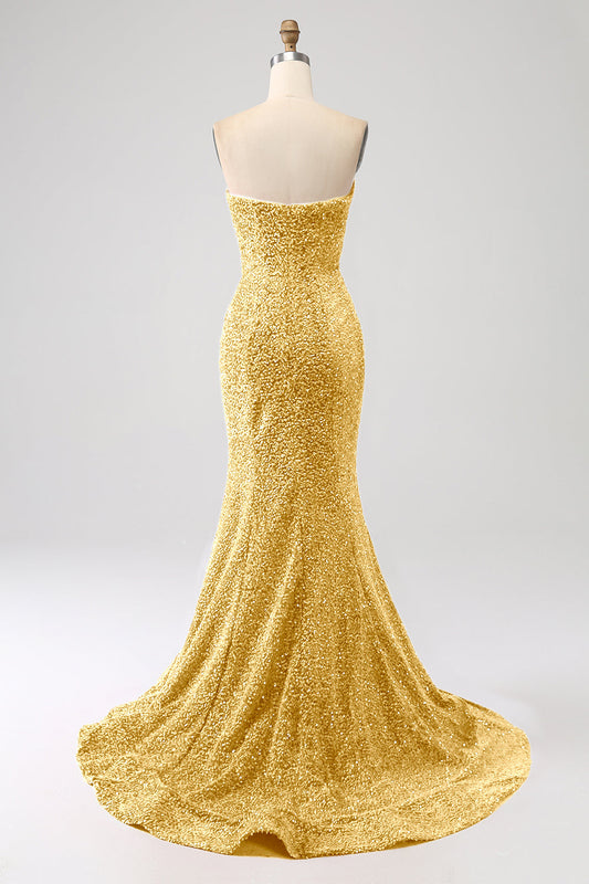 Golden Sequins Mermaid Strapless Long Prom Dress