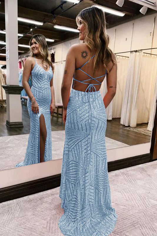 Grey Blue Sequins V-Neck Spaghetti Straps Prom Dress