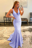 Pink Sequins Sexy Glitter V Neck Mermaid Long Prom Dress