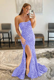 Lavender Mermaid Sequins Strapless Long Prom Dress With Slit