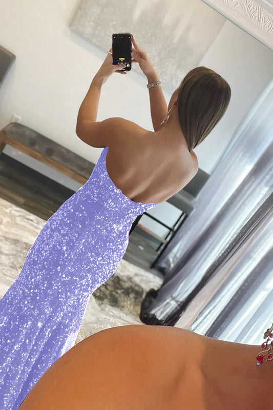 Lavender Mermaid Sequins Strapless Long Prom Dress With Slit