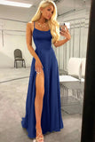 Royal Blue Halter Backless A Line Satin Prom Dress