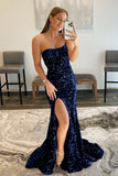 Lavender Mermaid Sequins Strapless Long Prom Dress With Slit