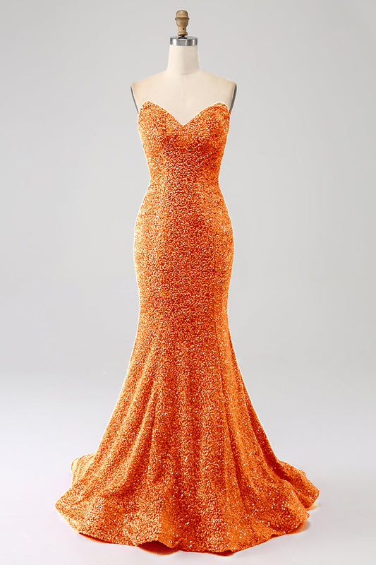 Orange Sequins Mermaid Strapless Long Prom Dress