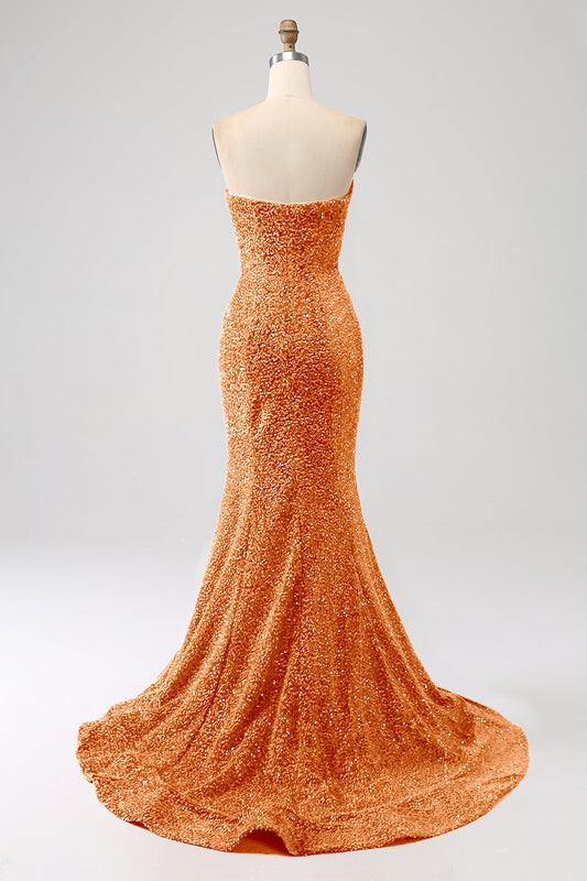 Orange Sequins Mermaid Strapless Long Prom Dress