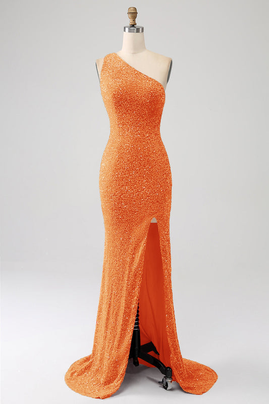 Orange Sequins Mermaid One Shoulder Long Prom Dress