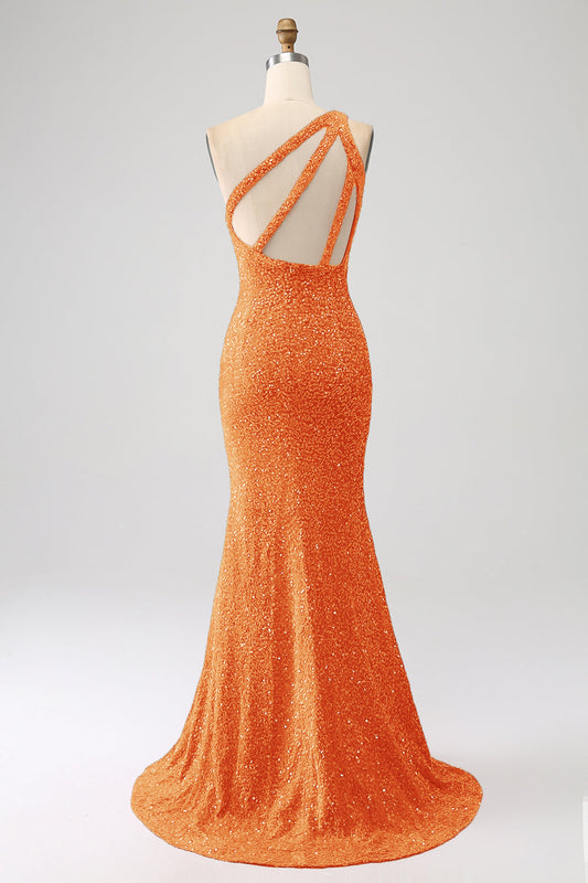 Orange Sequins Mermaid One Shoulder Long Prom Dress