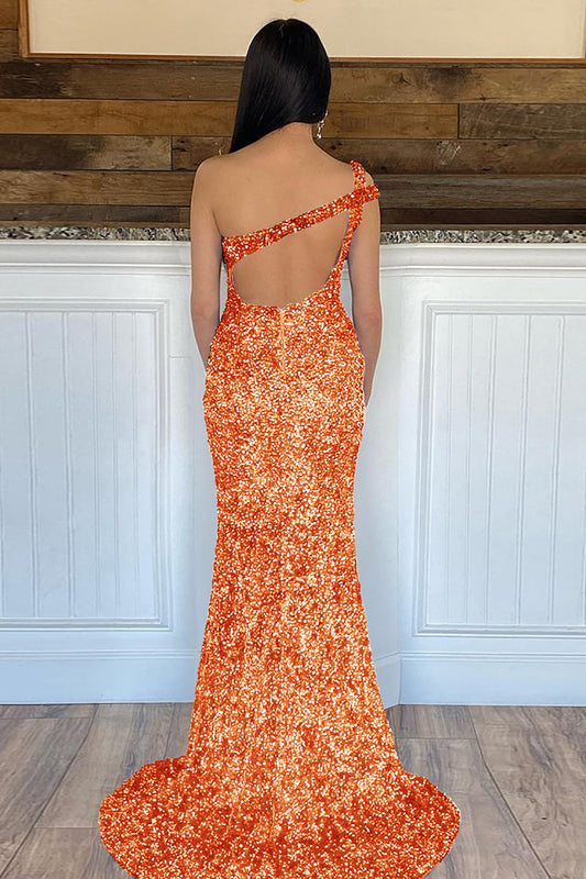 Sparkly Orange Mermaid One Shoulder Sequins Long Prom Dress