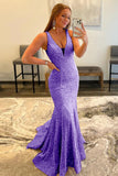 Black Sequins Glitter V Neck Mermaid Sexy Long Prom Dress