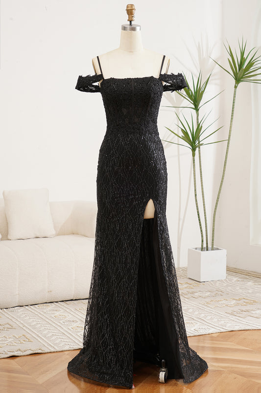 Sparkly Black Mermaid Off The Shoulder Prom Dress With Slit