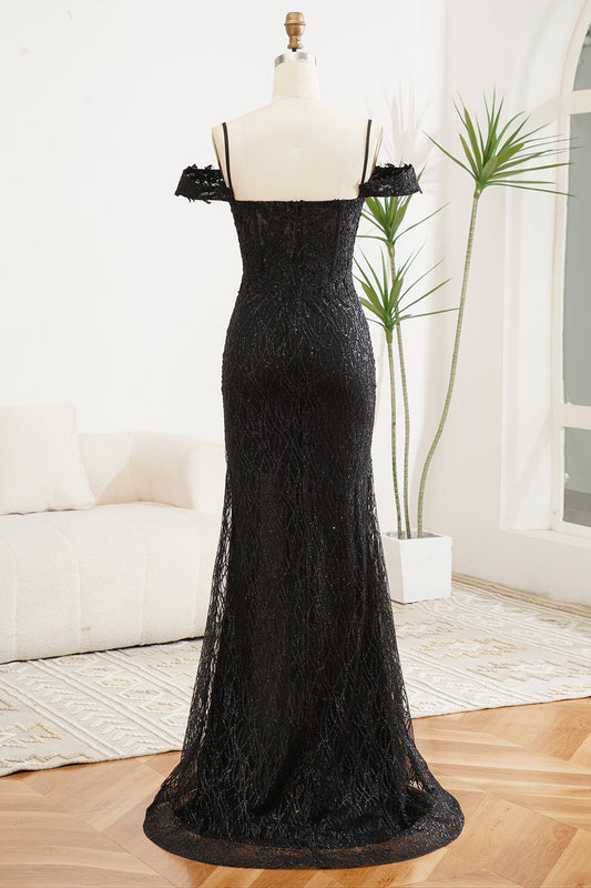 Sparkly Black Mermaid Off The Shoulder Prom Dress With Slit