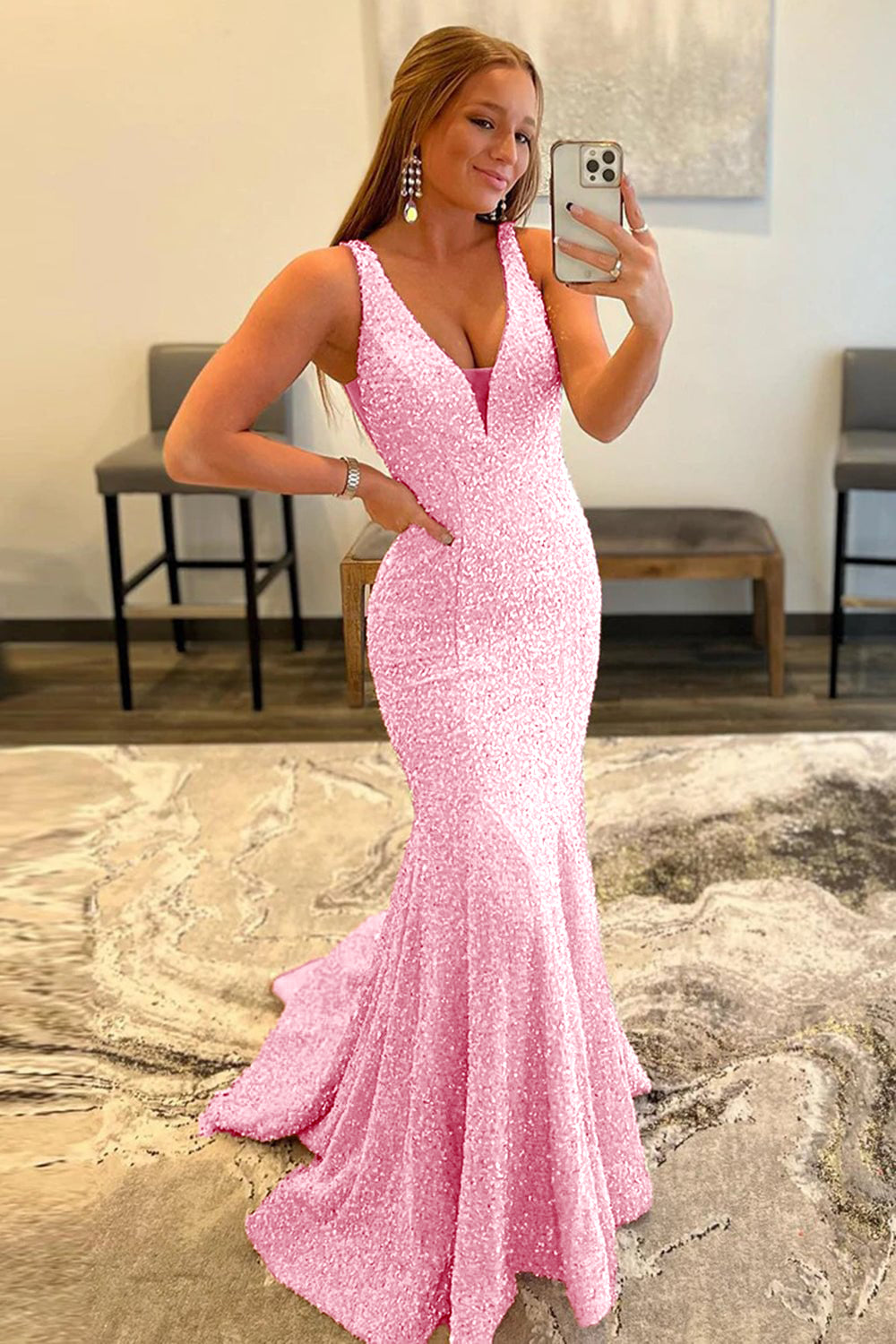 Pink Sequins Sexy Glitter V Neck Mermaid Long Prom Dress