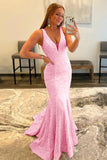 Pink Sequins Sexy Glitter V Neck Mermaid Long Prom Dress