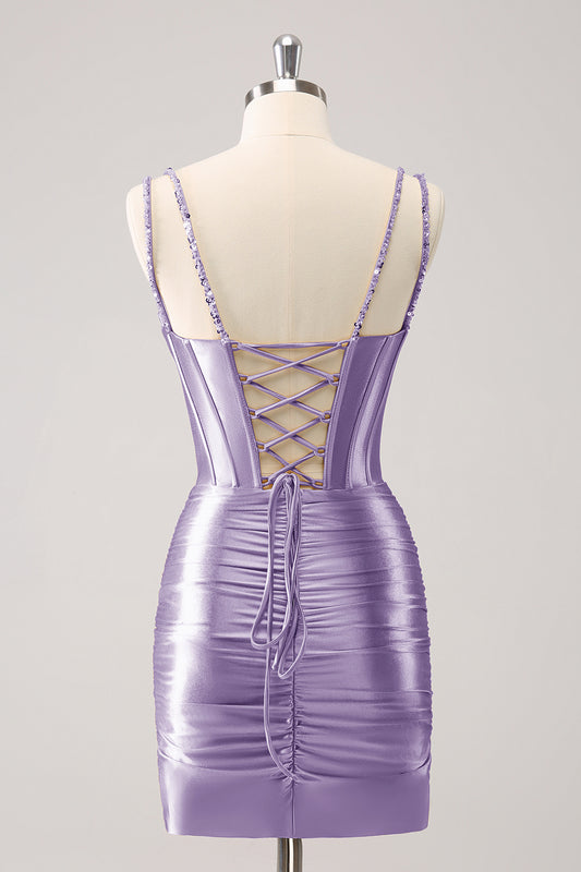 Purple Sequins Spaghetti Straps Tight Homecoming Dress