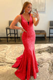 Black Sequins Glitter V Neck Mermaid Sexy Long Prom Dress