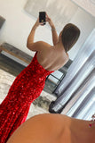 Red Sequins Mermaid Strapless Long Prom Dress