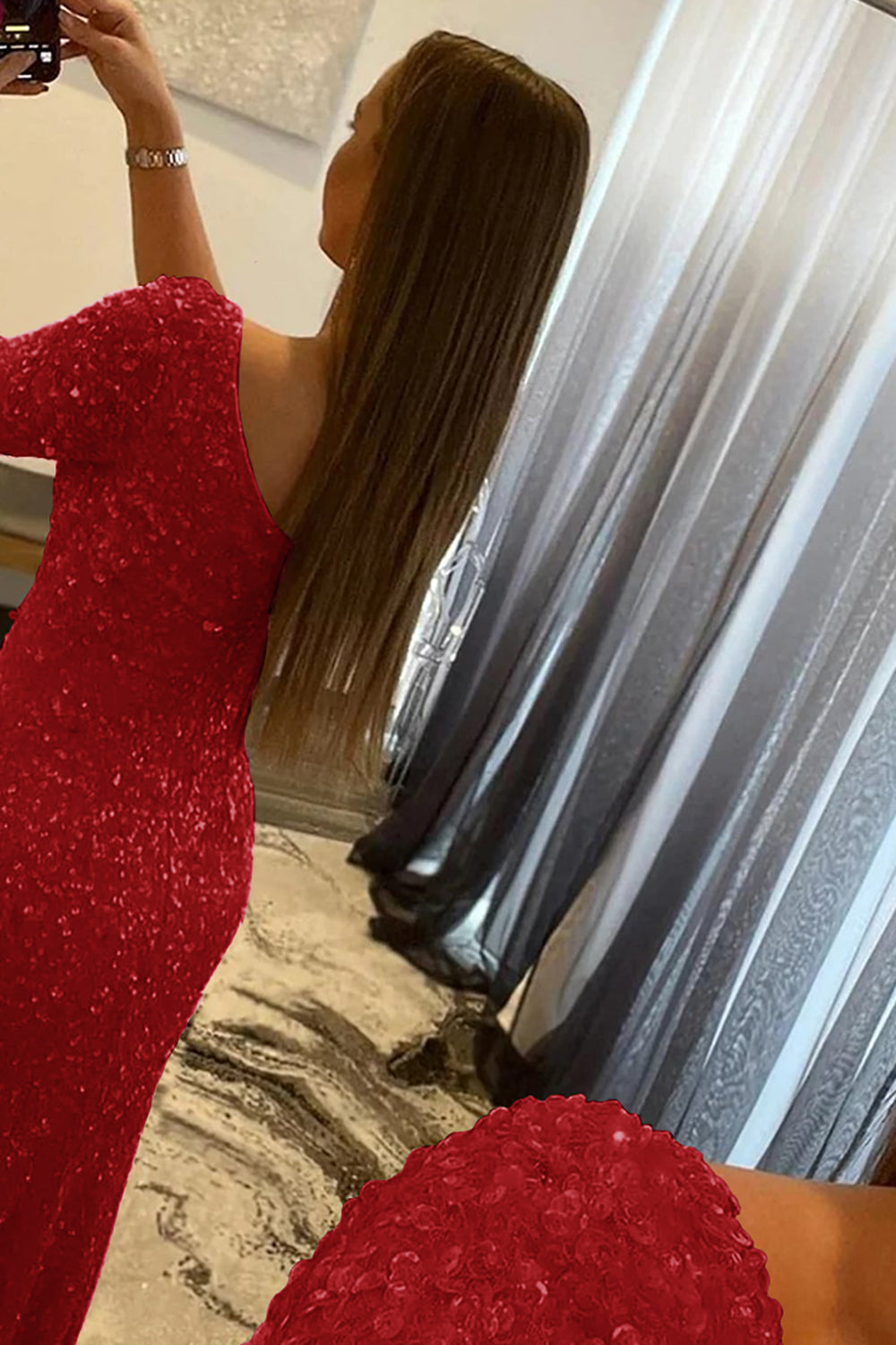 Orange Mermaid Sequins Glitter One-Shoulder Prom Dress With Slit