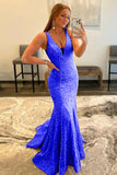 Black Sequins Glitter V Neck Mermaid Sexy Long Prom Dress