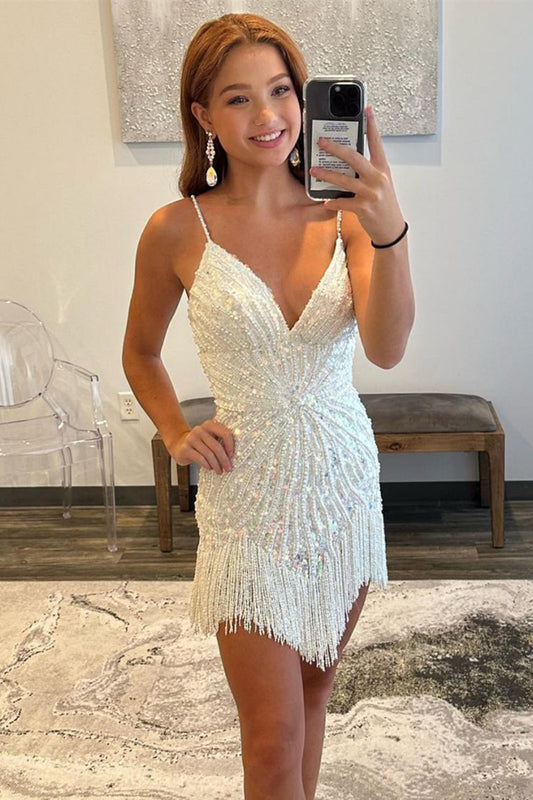 Sparkly Corset Back Glitter Beaded Homecoming Dress With Tassel