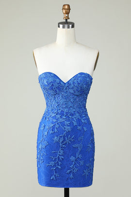 Royal Blue Strapless Tight Homecoming Dress with Appliques