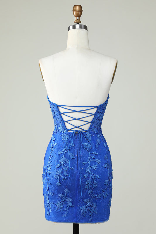 Royal Blue Strapless Tight Homecoming Dress with Appliques