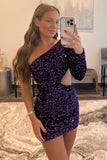 Fuchsia Waist Cut Out One Shoulder Tight Sequins Homecoming Dress with Sleeves
