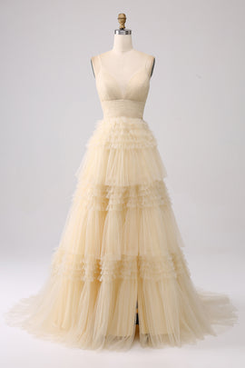 A Line Beige Tulle Spaghetti Straps Sweetheart Prom Dress