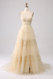 A Line Beige Tulle Spaghetti Straps Sweetheart Prom Dress