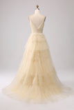 A Line Beige Tulle Spaghetti Straps Sweetheart Prom Dress