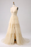 A Line Beige Tulle Spaghetti Straps Sweetheart Prom Dress