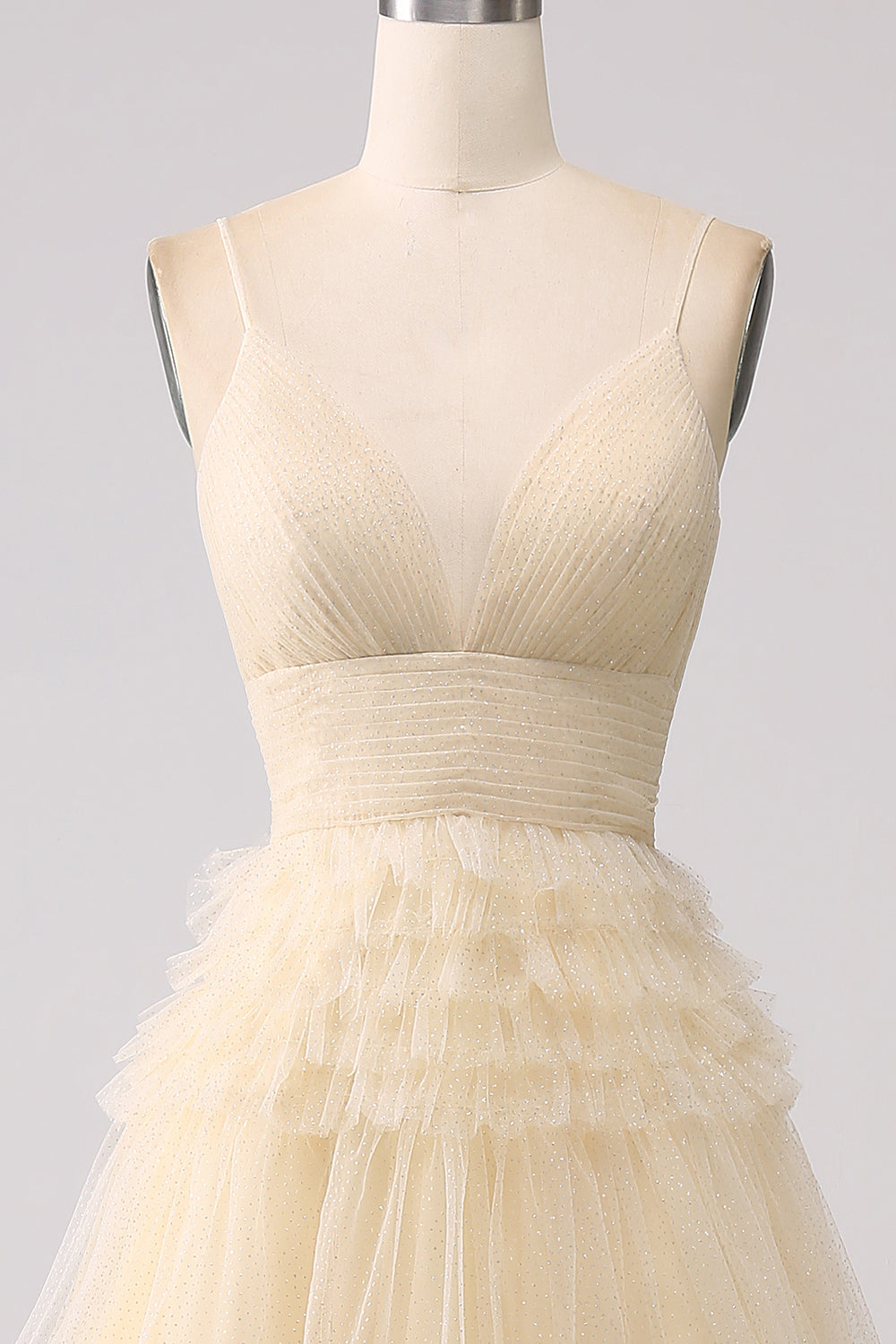 A Line Beige Tulle Spaghetti Straps Sweetheart Prom Dress