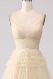 A Line Beige Tulle Spaghetti Straps Sweetheart Prom Dress