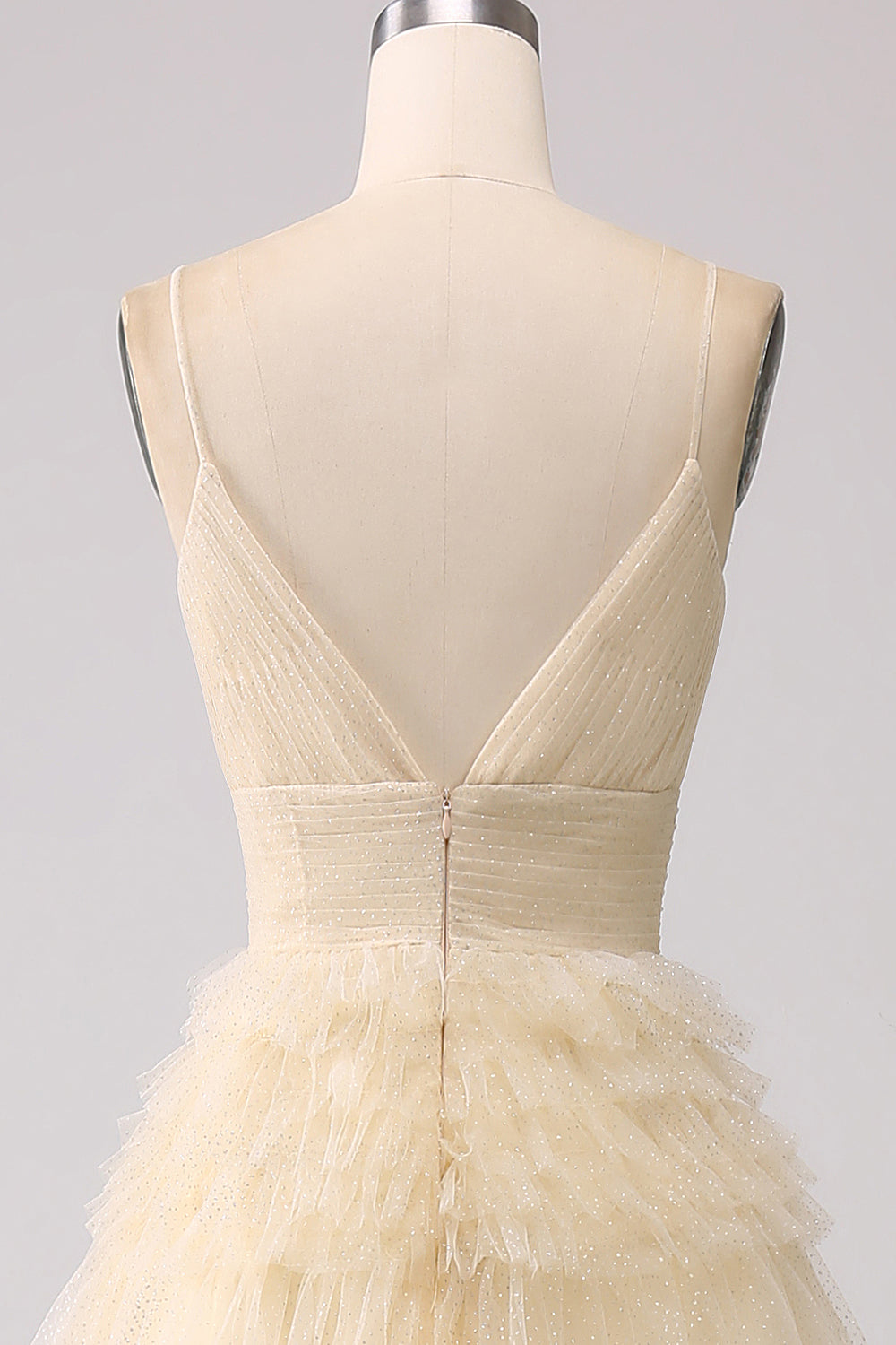 A Line Beige Tulle Spaghetti Straps Sweetheart Prom Dress